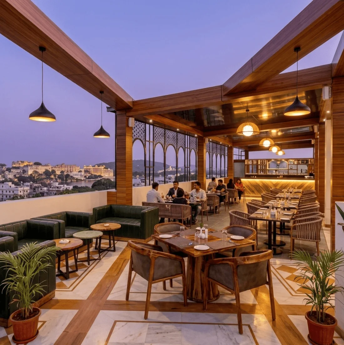 Aravali Tree rooftop restaurant by night