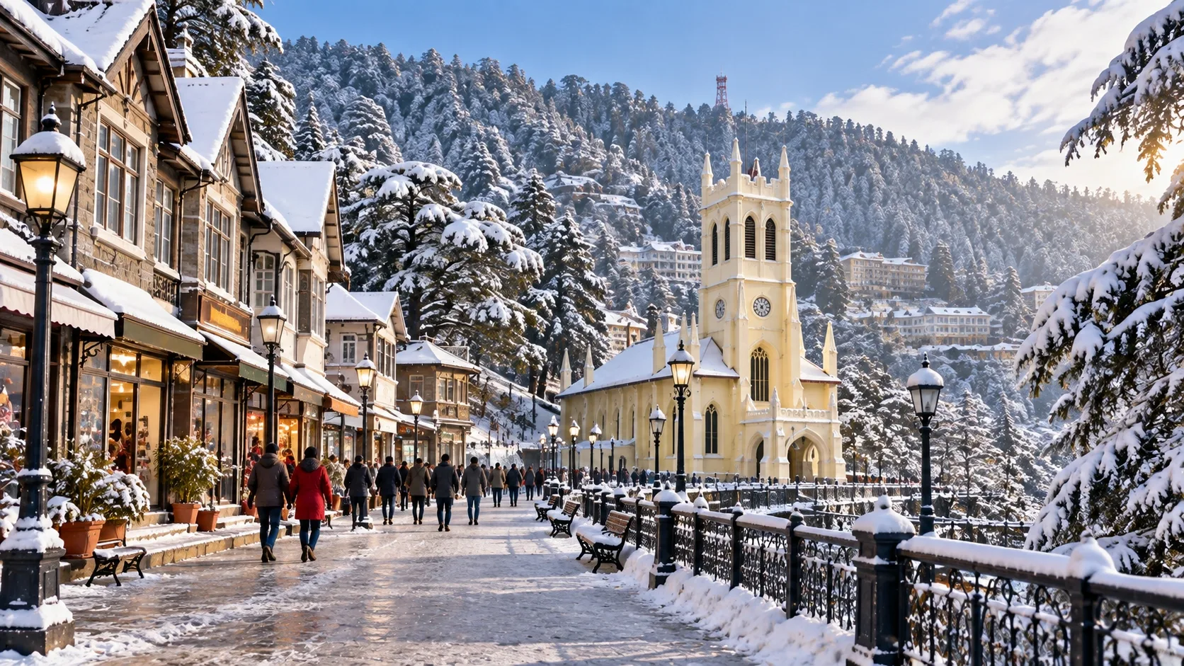 Snow-covered Mall Road in Shimla during winter
