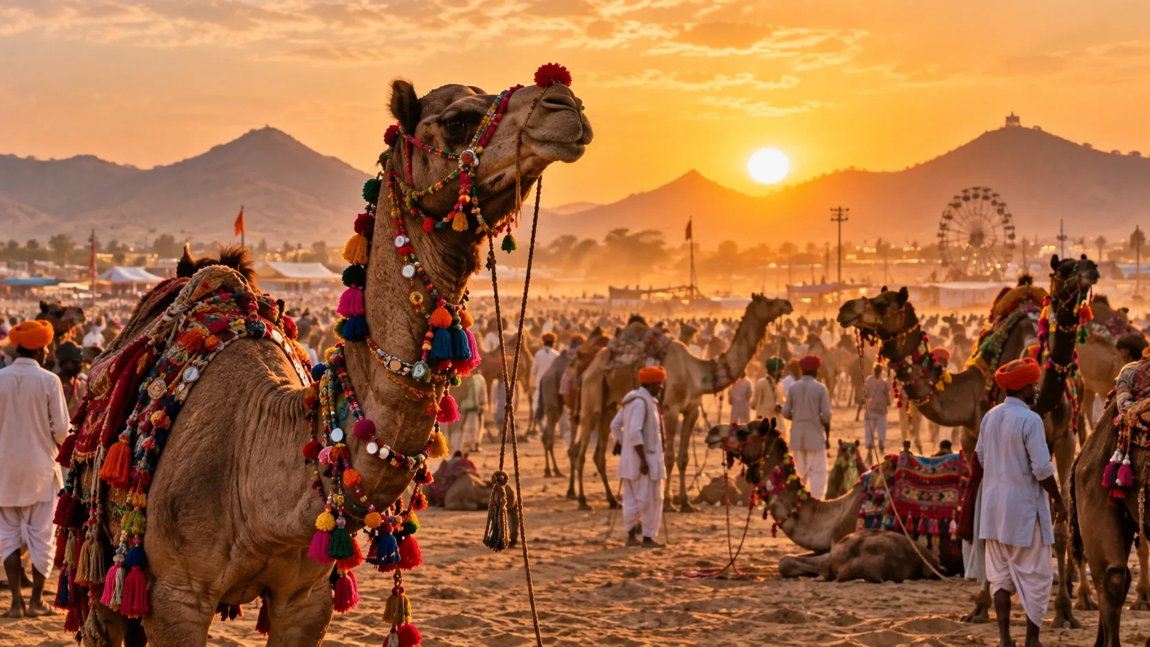 Pushkar Camel Fair with camels and traders on the fairgrounds