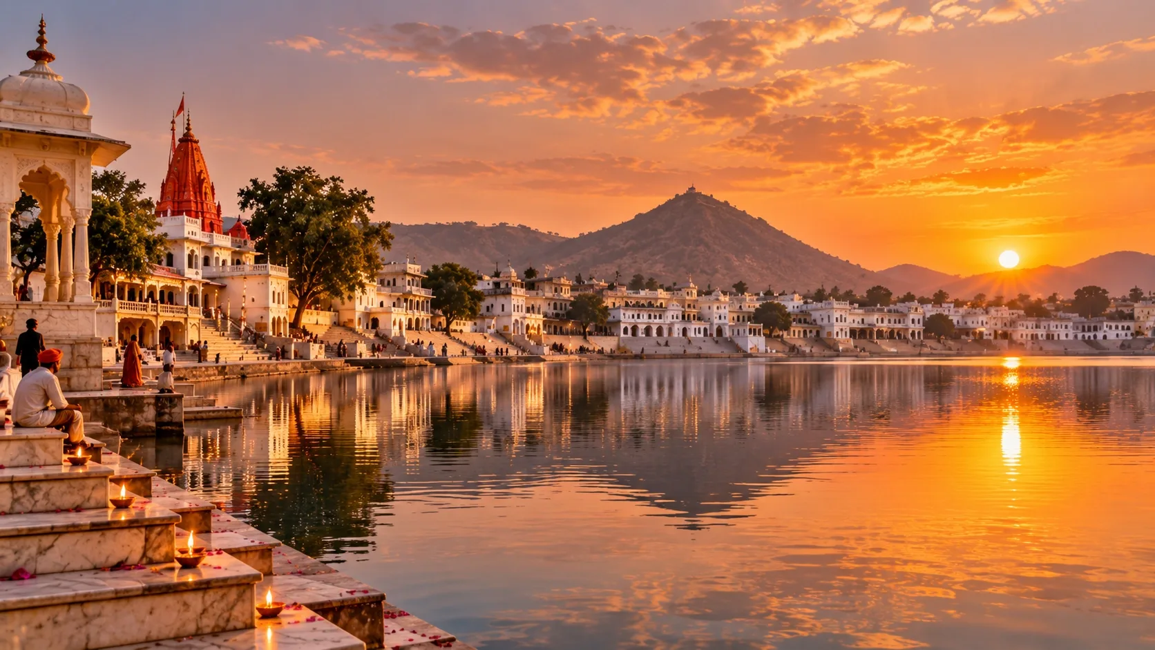 Pushkar Lake ghats with the Brahma Temple in the background