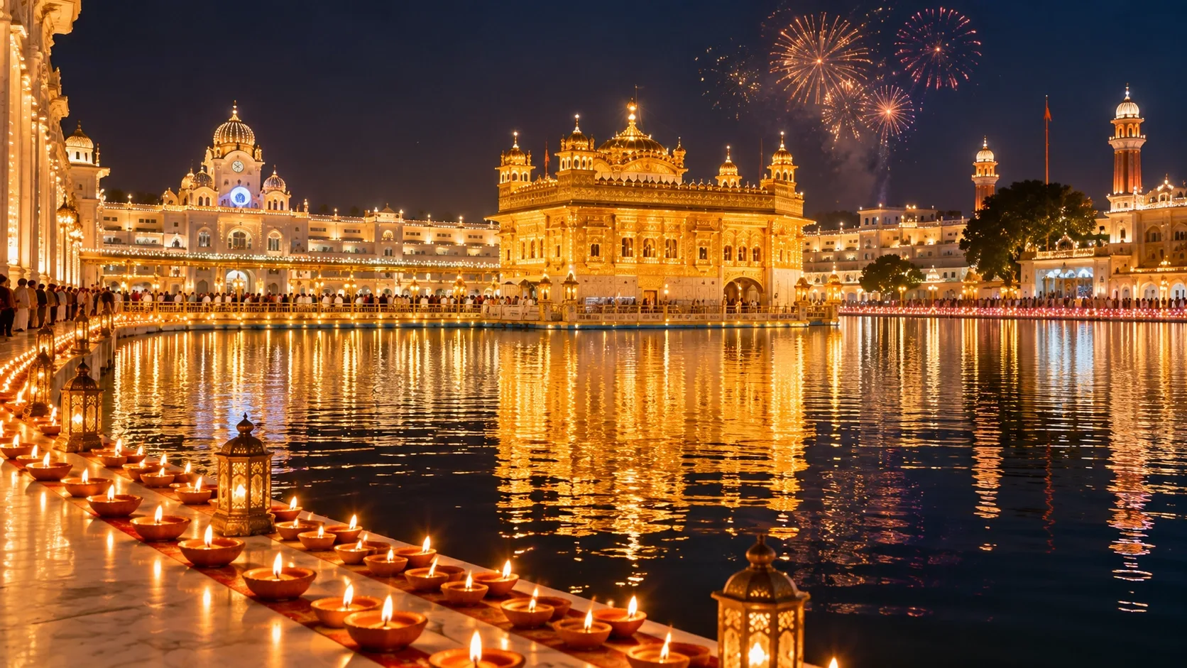 Golden Temple illuminated with lamps during Diwali celebrations